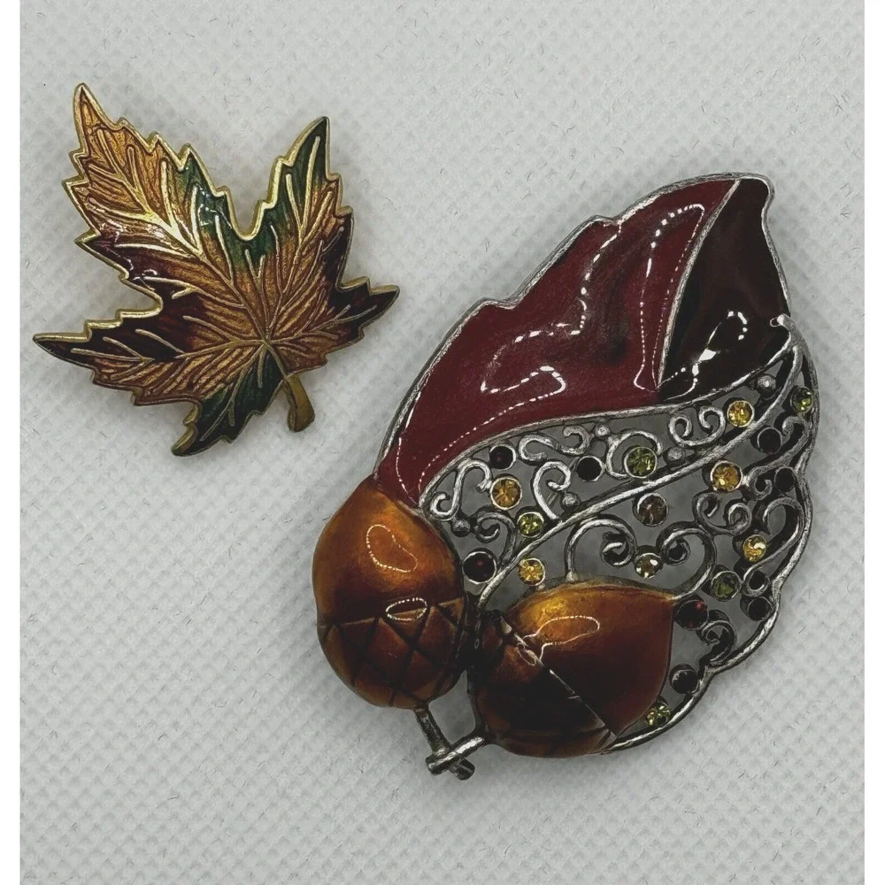 Vintage Double Acorn Leaf Brooch Pin Enamel Autumn Fall Thanksgiving Silver Gold